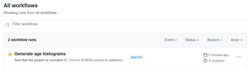 A list of workflows in GitHub Actions.